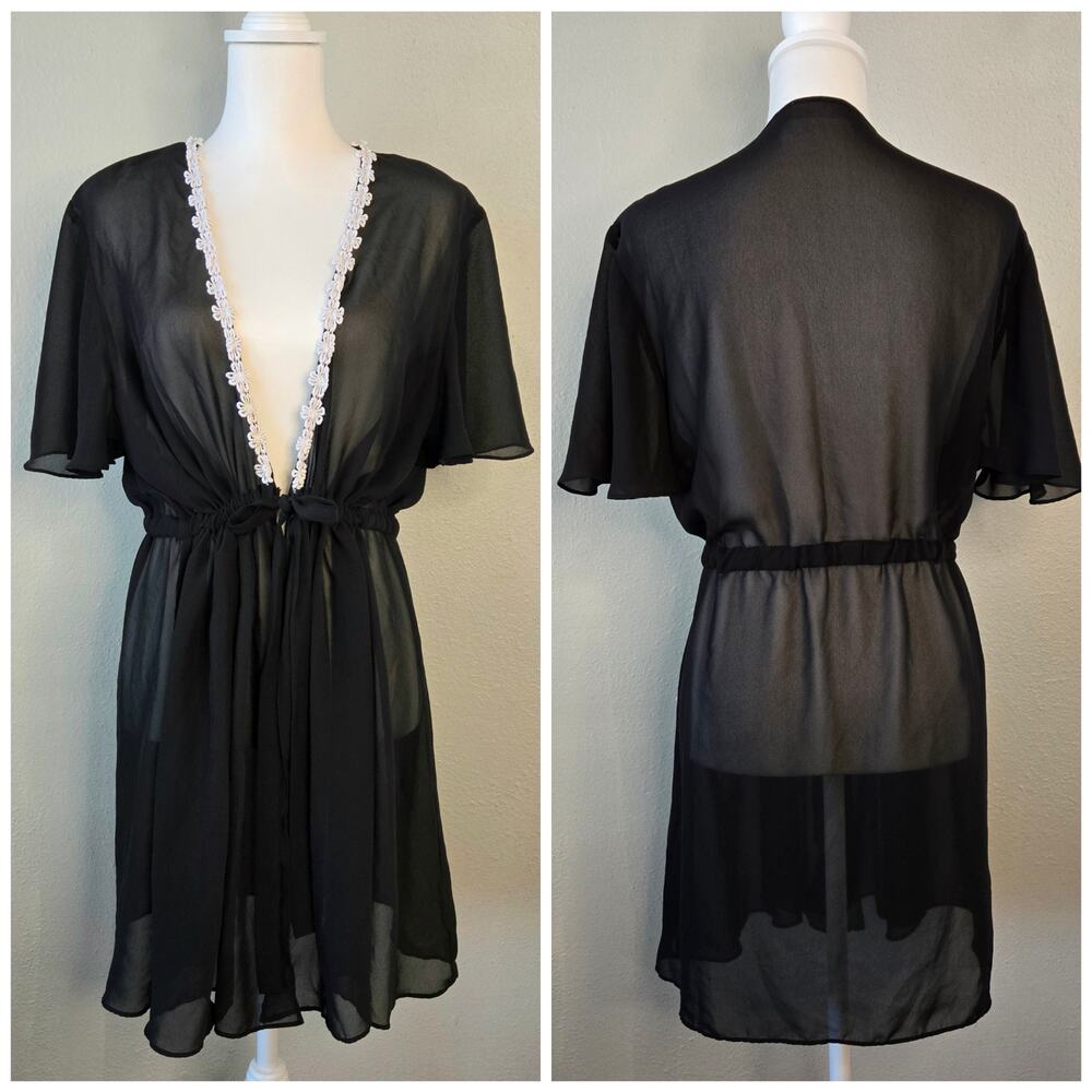 Romantic Floral Embroidered Sheer Kimono Robe Lingerie Coverup Black White L